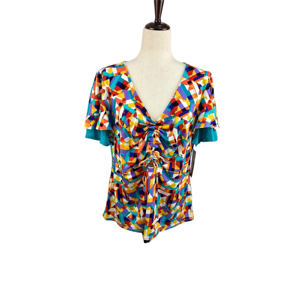 NEW NWT Bold Elements Bright Geometric Blouse, Flutter Sleeves Mid Cutout Sz XXL